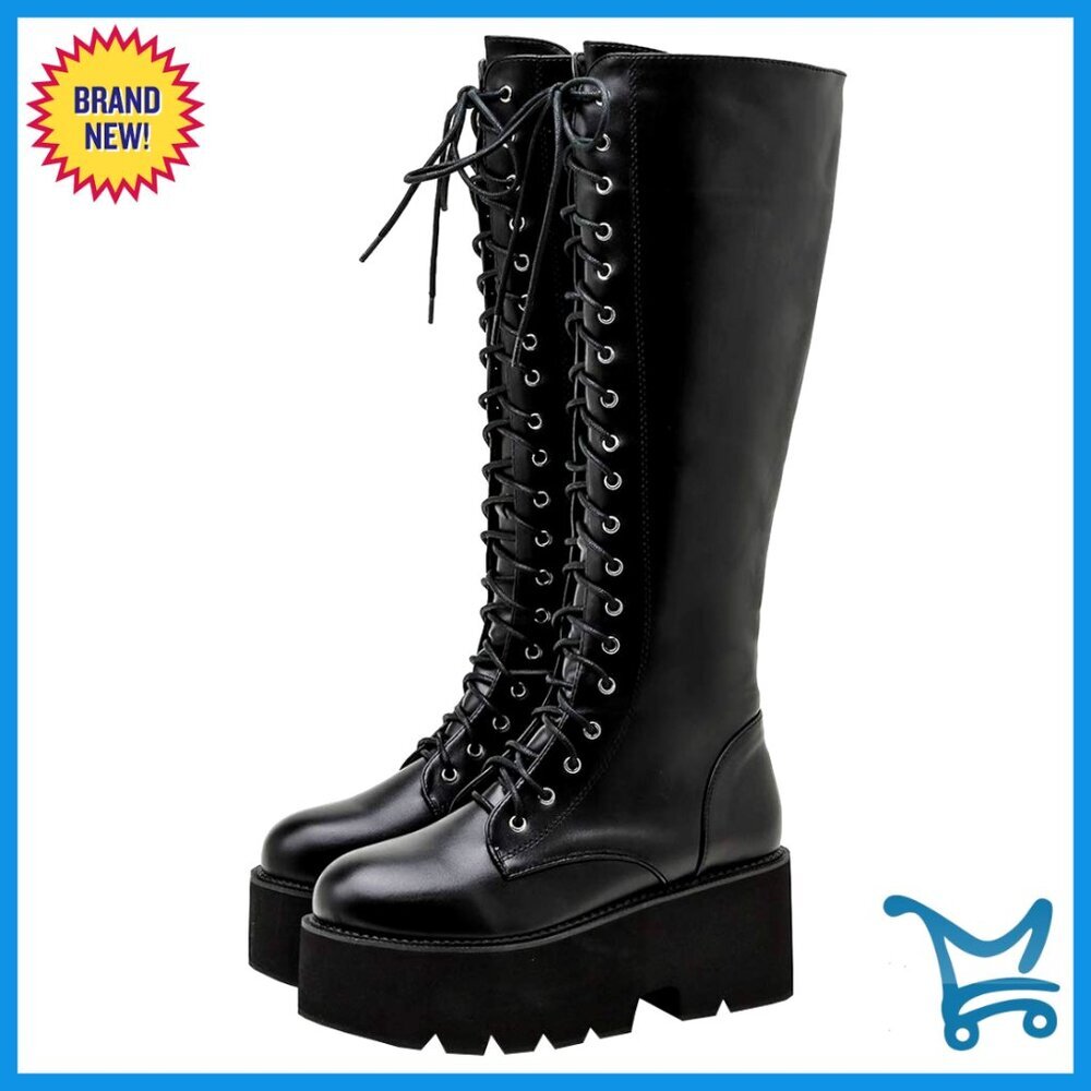 Knee High Combat Boots Chunky Platform Heel Lace Up Punk Style